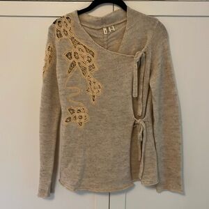 moth cream wrap sweater with lace cut outs